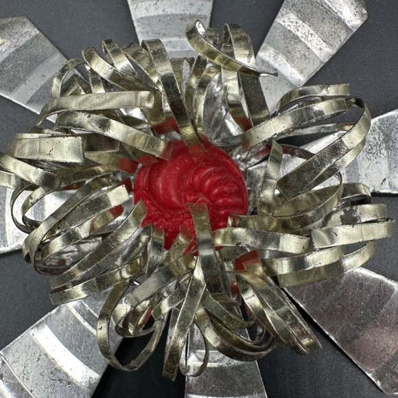 Vintage Christmas Ornament Aluminum Flower Red Button Handmade Mid Century - Picture 5 of 9